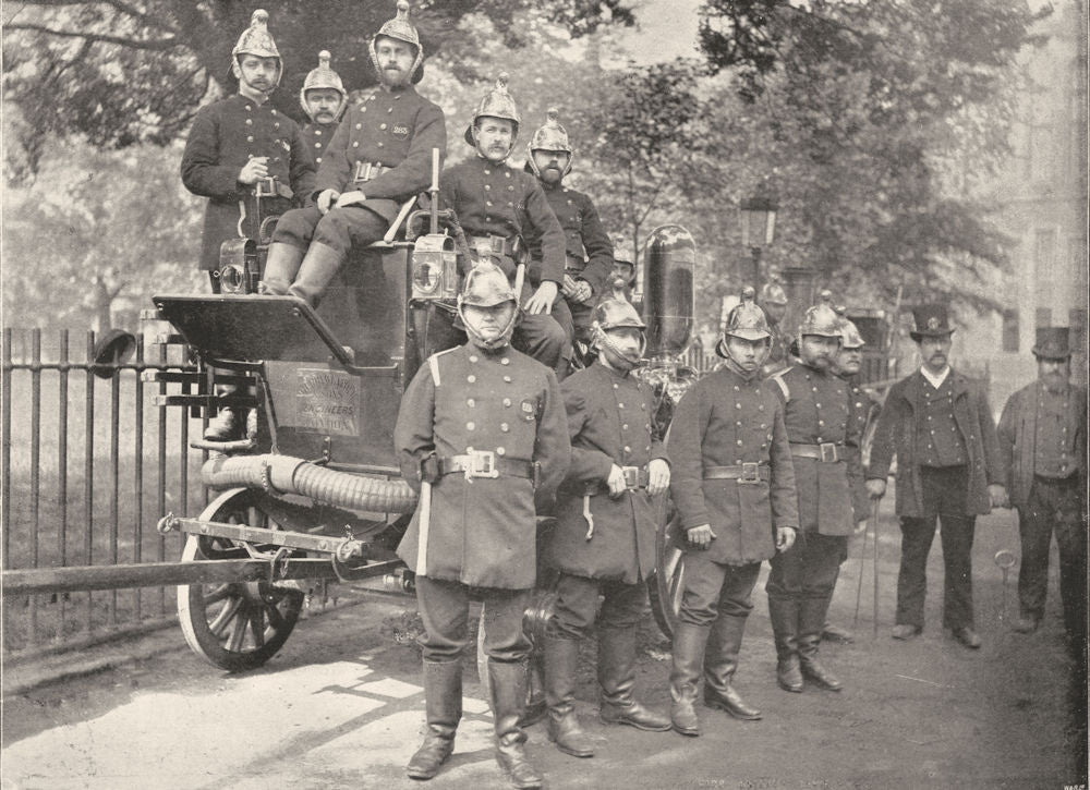 LONDON. The Fire Brigade- Group of Firemen, with Engine and Turncocks 1896